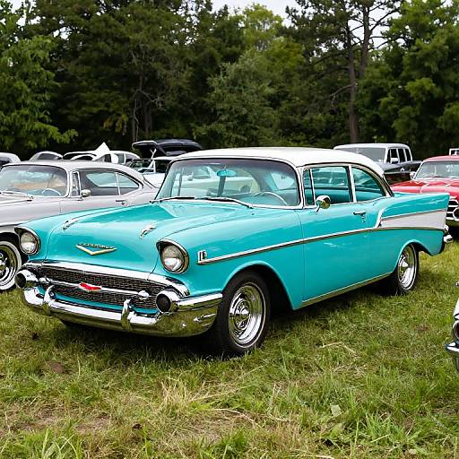 Photograph of a vibrant turquoise 1950s Chevrolet Bel Air with chrome accents, parked on grass at a classic car show, surrounded by other vintage