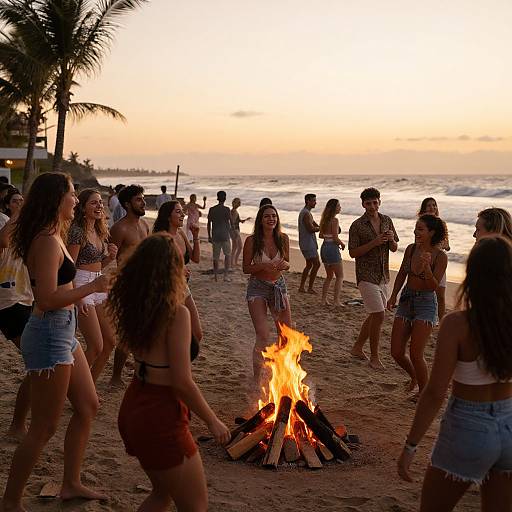 Photograph of a beach sunset gathering, diverse group of young people in summer attire, dancing around a fire pit, palm trees in background, ocean waves