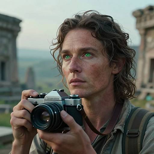 Photograph of a rugged, curly-haired man with green eyes holding a vintage camera against a blurred ancient ruin backdrop.
