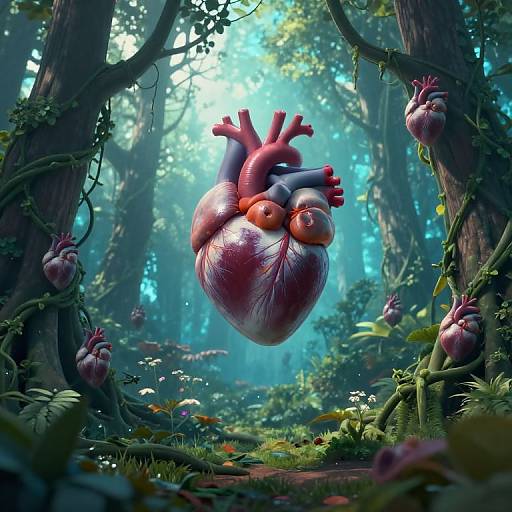 CGI fantasy image of a humanoid heart with red and blue veins, floating in a vibrant, enchanted forest with glowing light, vines, and purple bulb