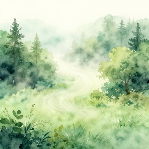 Digital painting of a misty forest clearing, with sunlight filtering through tall green trees and bright, lush grass in the foreground.