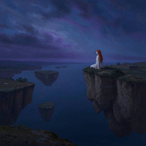 Digital painting of a red-haired woman in a white dress sitting on a cliff at night, overlooking a dark, reflective, island-filled ocean under a vivid