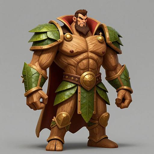 Digital illustration of a muscular, bearded warrior with wood-textured skin, green leaf armor, and gold accents, standing confidently.