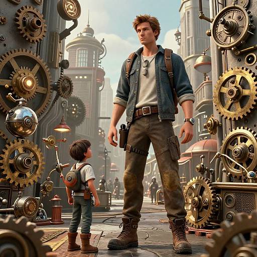 Steampunk Adventurer in Bustling Cityscape