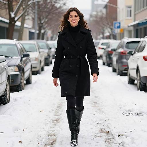 Photograph of a smiling woman with curly brown hair, wearing a black coat, black pants, and boots, walking down a snowy urban street lined with