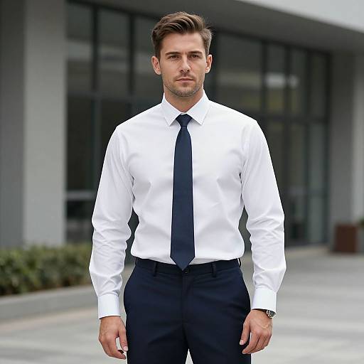 Photograph of a handsome, young Caucasian man with short brown hair, wearing a white dress shirt, navy tie, and black pants, standing in front