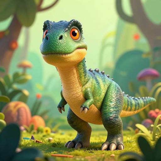 CGI cartoon dinosaur with green and yellow scales, large orange eyes, standing in a vibrant, colorful forest with mushrooms and plants.