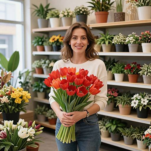 Woman with Vibrant Red Tulips