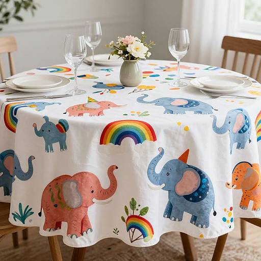 Colorful children's-themed tablecloth with cartoon elephants, rainbows, and flowers over a round table with wine glasses, white plates, and a small