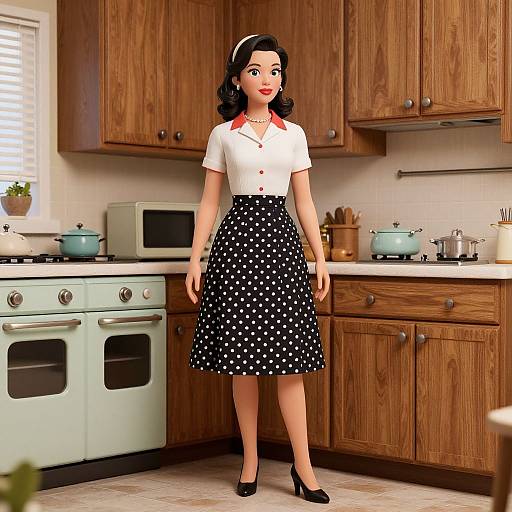 Digital illustration of a 1950s-style woman with black polka dot skirt, white blouse, and red collar, standing in a vintage wooden kitchen