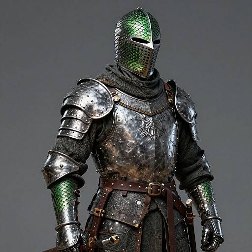 Photorealistic CGI of a knight in full metallic armor with green, scale-patterned helmet, dark mesh underlay, and brown belt.