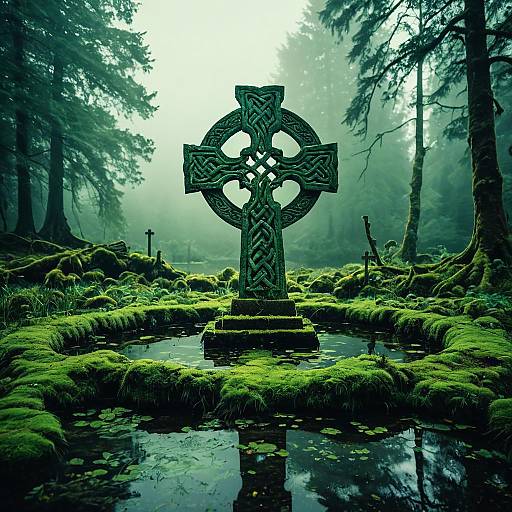 Celtic Cross in Moss Covered Forest Pond