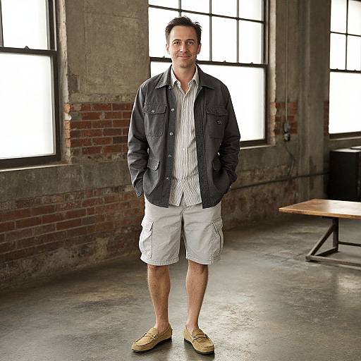 Photograph of a smiling man with short dark hair, wearing a black jacket, white striped shirt, beige shorts, and tan loafers, standing in