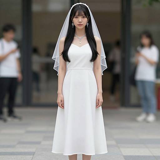 Photograph of an Asian woman with long black hair, wearing a white wedding dress, veil, and necklace, standing outdoors in front of a blurred storefront