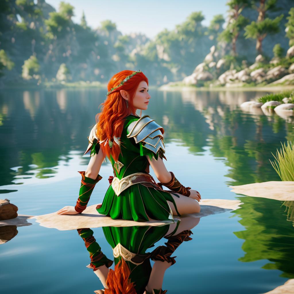 Festive Redhead Elf Warrior by the Lake