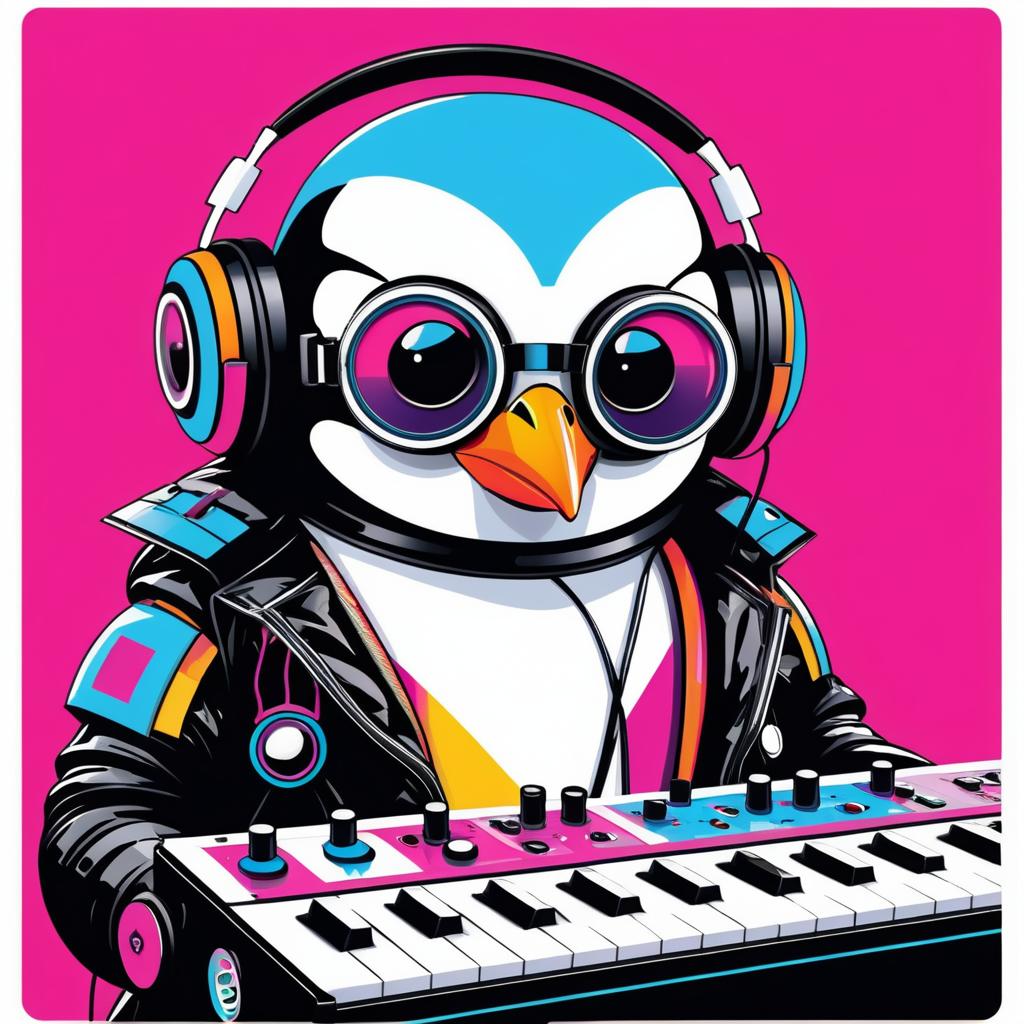 Cyborg Penguin in 80s Synthpop Style