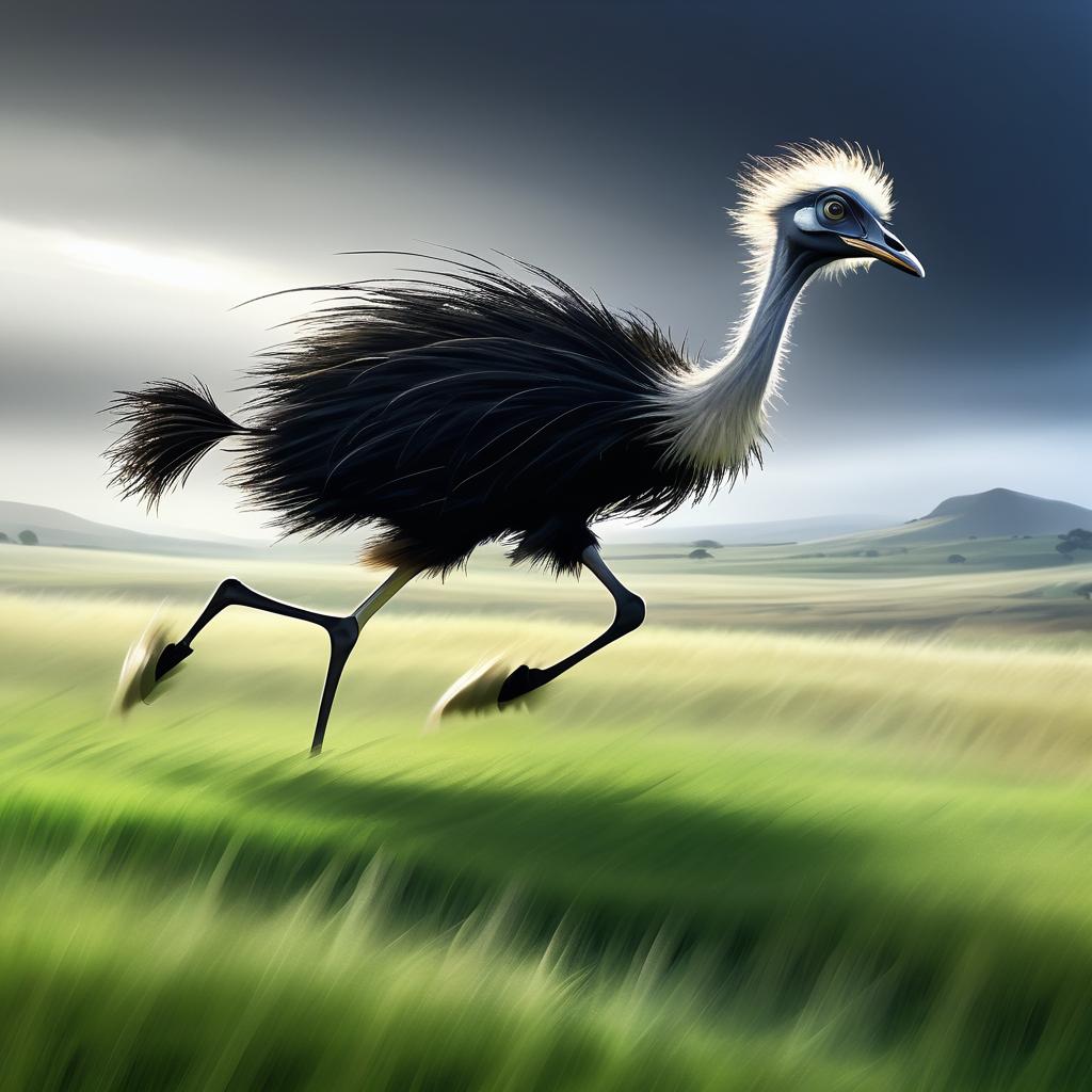 Animated Ostrich Sprinting Through Stormy Grassland