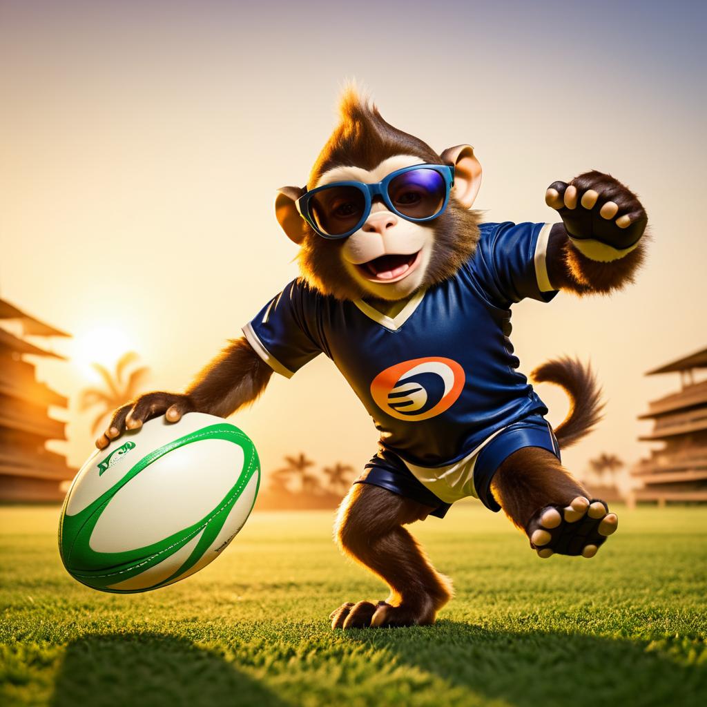 Playful Monkey Playing Rugby at Sunset