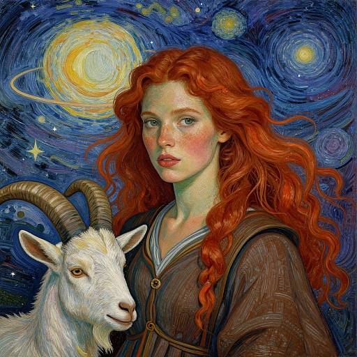 Digital painting of a red-haired woman with freckles, wearing a brown robe, beside a white goat, set against a swirling blue night sky with