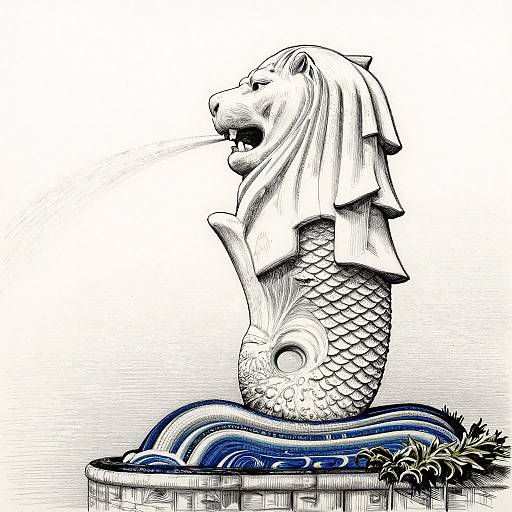 Black-and-white digital drawing of a mermaid-style lion statue with a fish tail, water waves beneath, and detailed scales and mane.