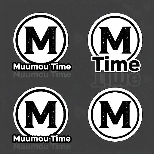 Photograph of four white circular logos with bold black 