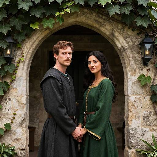 Photograph of a handsome white man with brown hair and beard, and a beautiful woman with dark hair in green medieval attire, standing in a stone arch