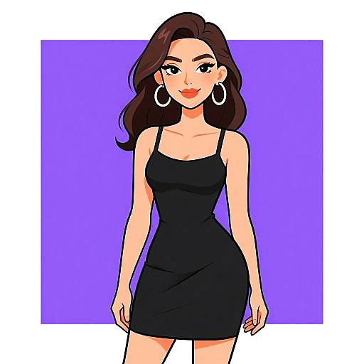 Digital illustration of a smiling woman with fair skin, brown wavy hair, wearing a tight black dress and large white hoop earrings, against a purple background