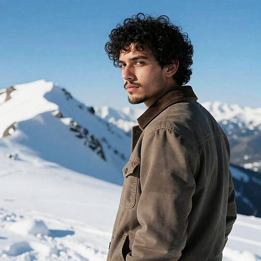 Young Man Looking Back on Snowy Mountain Ridge