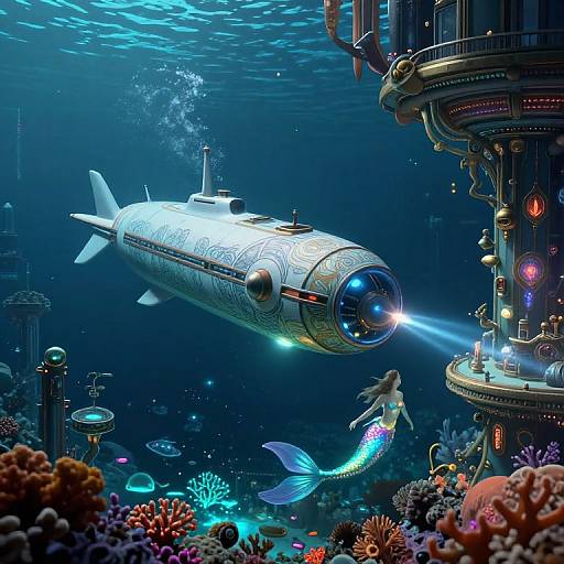 Digital art of a futuristic, ornate submarine with glowing lights, hovering above a vibrant underwater cityscape, surrounded by colorful coral and bioluminescent