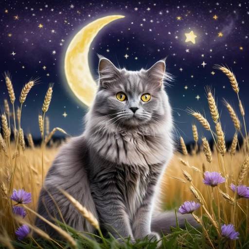 Fluffy Gray Cat Under Moonlit Starry Sky