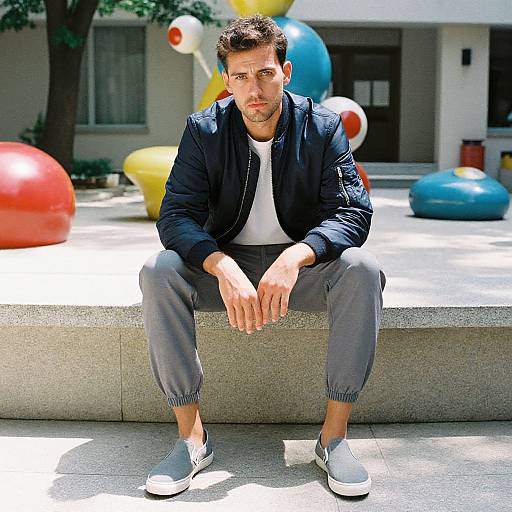 Photograph of a handsome, bearded man with short brown hair, wearing a navy jacket, white t-shirt, gray pants, and gray sneakers,