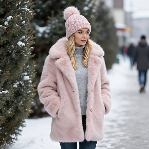 Photograph of a blonde woman in a pink fur coat and knit hat, standing in a snowy, tree-lined urban street.