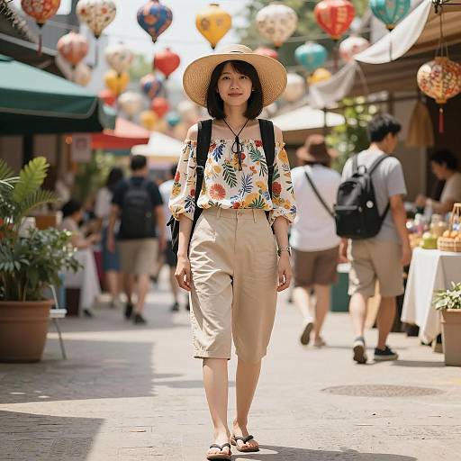 Asian Woman in Summer Festival Outfit at Outdoor Market