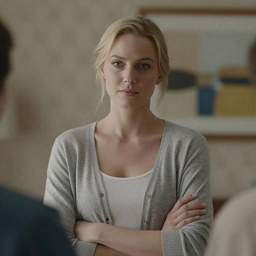 Portrait of a Blonde Woman in Gray Cardigan