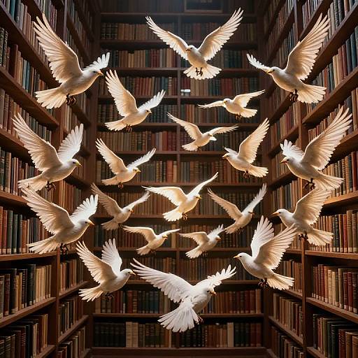 Photograph of white doves with glowing wings flying in a circular pattern above a dimly lit library filled with tall bookshelves.
