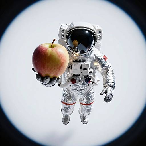 Photograph of a silver astronaut holding a red apple, viewed from above, against a white circular background. Bright and surreal.