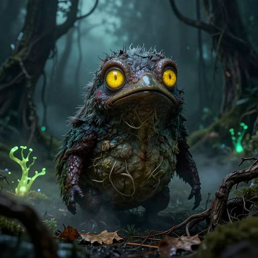 Digital artwork of a creepy, spiky, glowing-eyed forest creature with yellow eyes, textured skin, and dark, dense forest background.