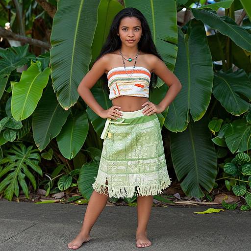 Photograph of a young woman with long black hair, brown skin, wearing a white strapless top and a fringed white skirt, standing confidently in