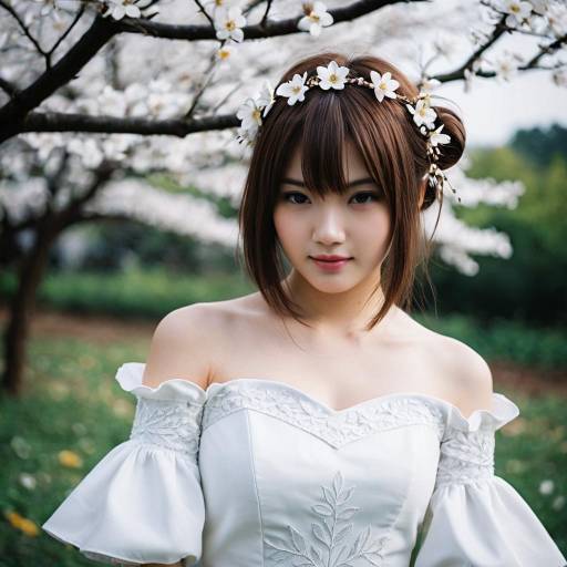 Woman in White Dress with Floral Hair Ornament Outdoors