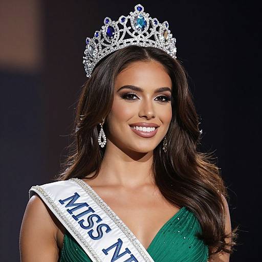 Photograph of a smiling brunette woman with long hair, wearing a sparkling silver tiara, green gown, and 