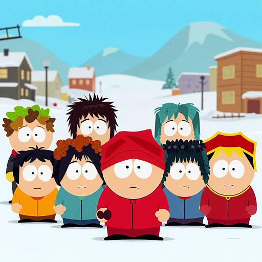 Cartoon-style image of six children with varied hair colors and winter clothes standing in a snowy village with mountains and houses.