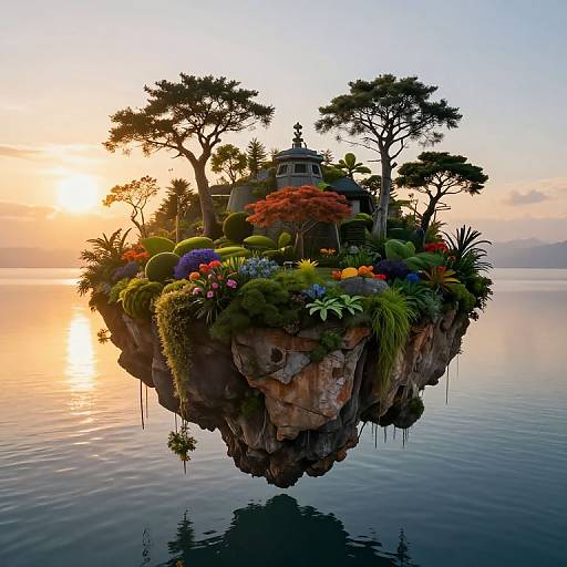 Floating island with lush garden, colorful flowers, trees, and small temple at sunset over calm water; surreal, CGI artwork.