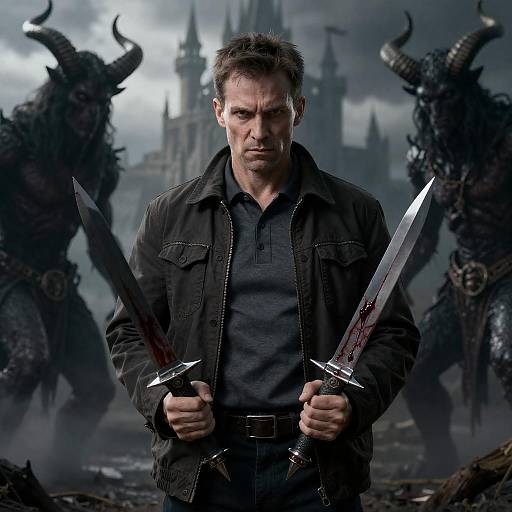 Mature Man with Spiked Knives in Darkness