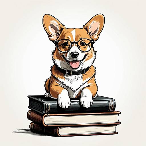 Corgi Puppy with Glasses on Books