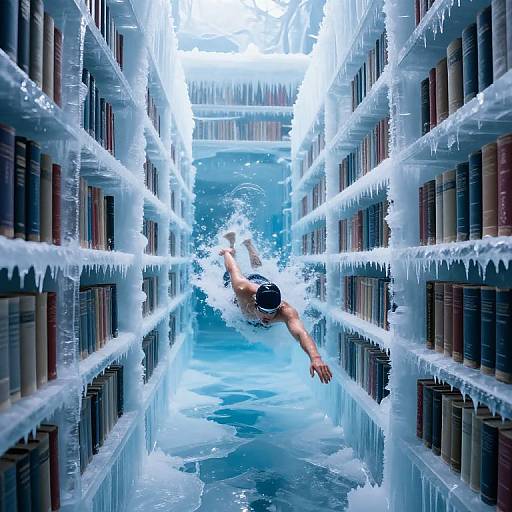 Photorealistic digital art: Man with black cap, bare-chested, diving through icy, book-filled corridor with jagged ice shelves and bright blue