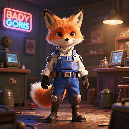 Cyberpunk Fox Mechanic in Antique Shop