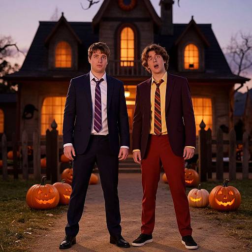 Photograph of two surprised, costumed men in black suits, striped ties, standing in front of a glowing, Halloween-themed house with carved pumpkins