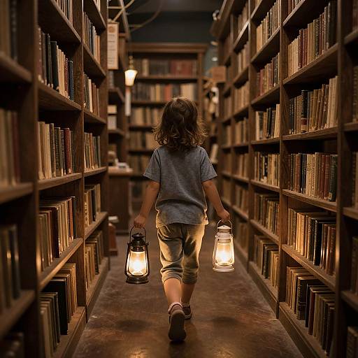 Child in Enchanted Library Corridor