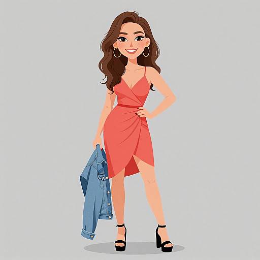 Digital illustration of a smiling woman with long brown hair, wearing a red wrap dress, black heels, holding a blue denim jacket.
