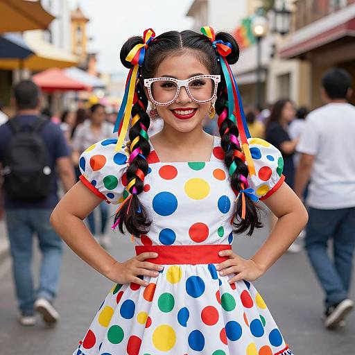 Photograph of a smiling Asian woman with braided hair, wearing white polka dot dress, red belt, rainbow ribbons, and large white glasses